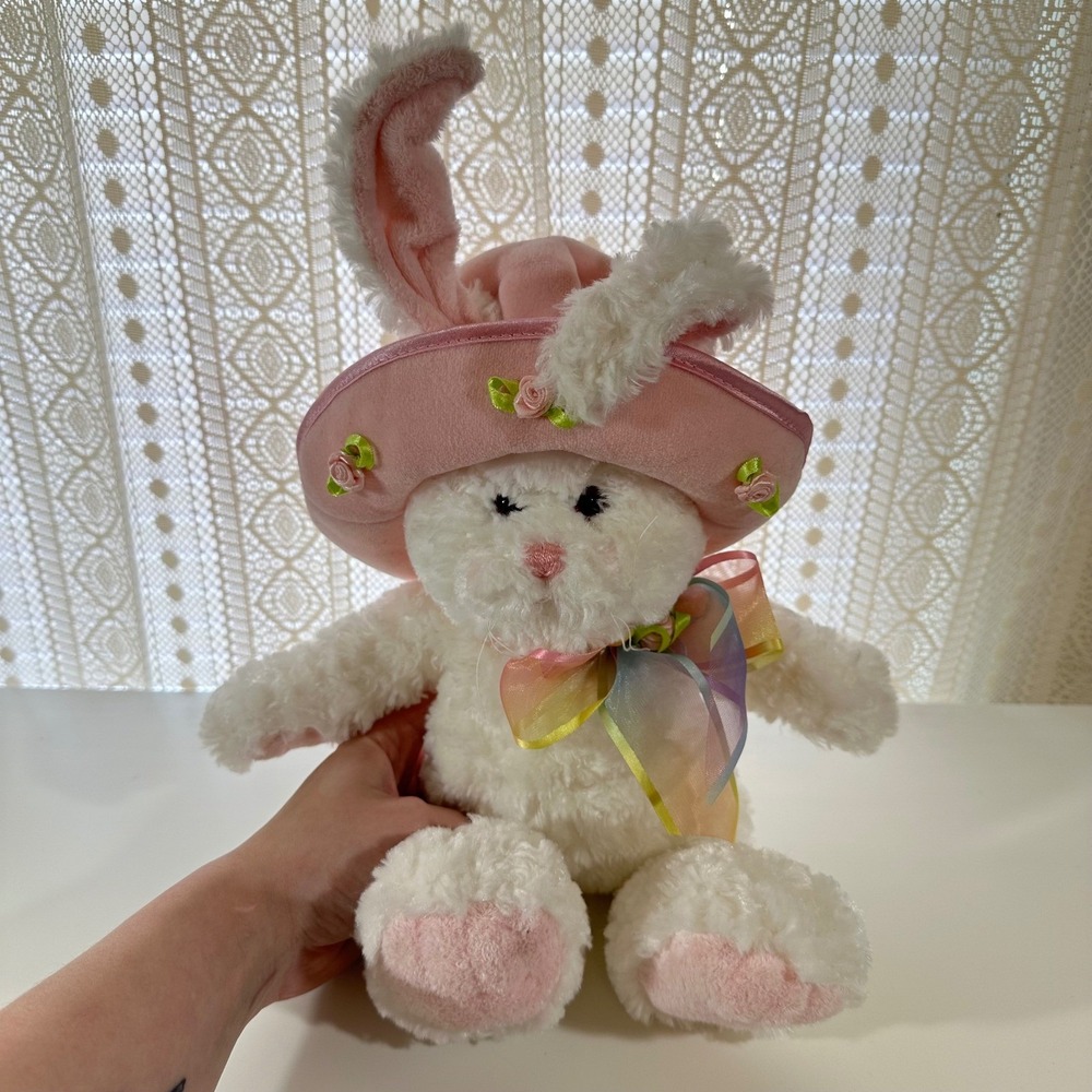 Gund Flora Bunny Plush Stuffed Animal Pink Hat Rainbow Bow Easter Kid